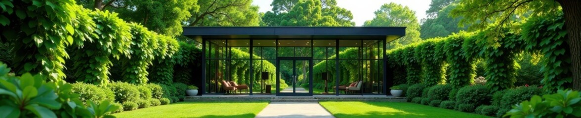 Elegant glass building surrounded by lush green ivy, architecture, glass building, green ivy