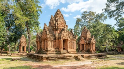 Cambodian sandstone temple complex, lush trees, sunny day, historical site, travel photography.