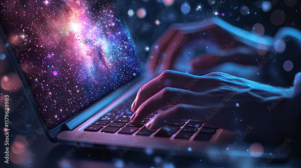 Poster a close-up view of hands typing on a laptop with glowing stars and magical effects in a dark environ