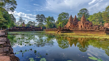Obraz premium Cambodian temple reflection, lush greenery, serene pond, ancient ruins.