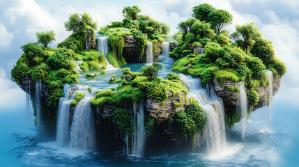 Naklejka premium A floating island with lush greenery and cascading waterfalls surrounded by clouds.
