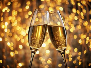 Golden Champagne Toast: New Year's Eve Celebration Sparkling Lights Bokeh Background