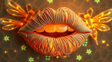 Wrapped lips with glowing fireflies. A surreal image.