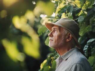 Senior man wearing a hat in a lush green garden with soft sunlight illuminating his thoughtful expression and ample empty space for text.