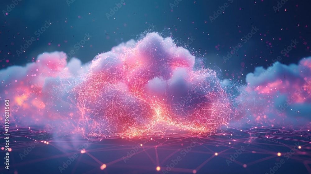 Aufkleber explore a futuristic digital cloud composed of vibrant particles amidst a glowing network background