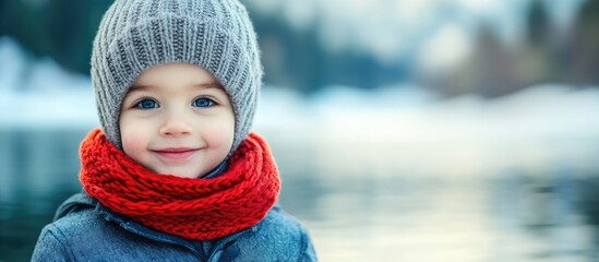Charming outdoor portrait of a smiling young boy wearing a grey beanie and red scarf near a serene icy lake surrounded by winter landscape.