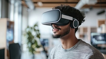 A young man is engaged in a virtual reality experience using a sleek headset in a modern office, surrounded by holographic data and innovative technology displays for pro