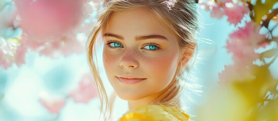 Springtime outdoor fashion portrait of a young blonde woman with blue eyes surrounded by vibrant pink flowers wearing sunlit colors, exuding a fresh perfume essence.