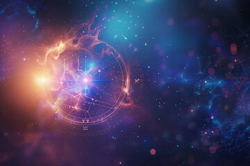 Astrological abstract composition with zodiac circle in signs and symbols, abstract vivid composition consists of fictional unreal fantastic vision on background