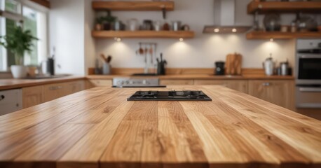 Gleaming wood tabletop; blurred modern kitchen  , setting, food
