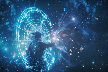 Astrological abstract composition with zodiac circle in signs and symbols, abstract vivid composition consists of fictional unreal fantastic vision on background