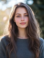 Obraz premium portrait of a young woman with long flowing hair and soft natural makeup in a sunlit spring garden featuring blurred greenery and ample copyspace for text