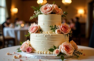 Fototapeta premium two tier wedding cake adorned with fresh flowers, elegantly displayed on a table, indoor setting with soft lighting, warm ambient light highlighting features