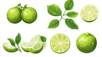 Zesty Limes: A collection of vibrant illustrations showcasing whole limes, lime slices, wedges, and lush green leaves. Perfect for food and drink projects.