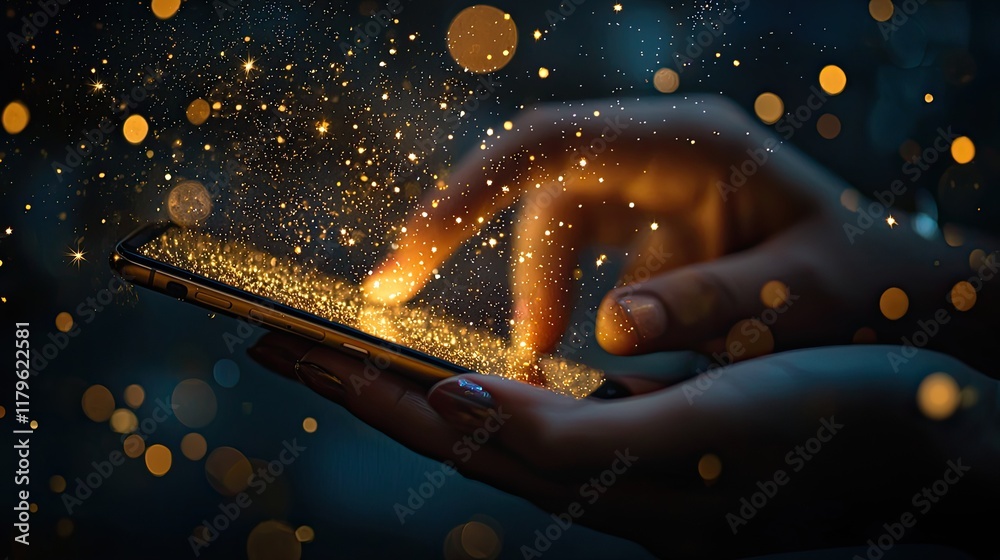 Aufkleber a captivating close-up of a persons hand holding a smartphone, with enchanting stars and sparkles fl