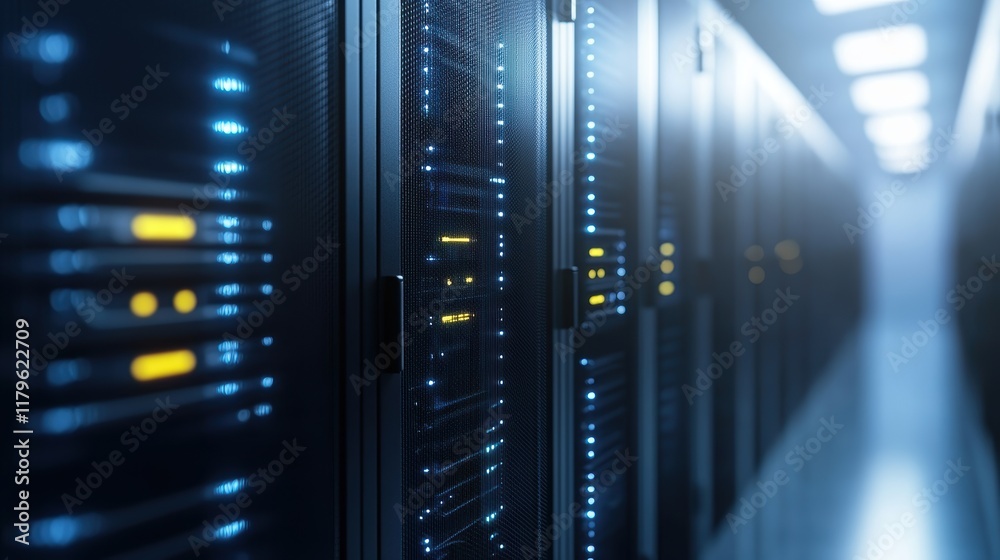 Poster advanced server room featuring a neat row of high-tech servers illuminated by soft ambient lighting 
