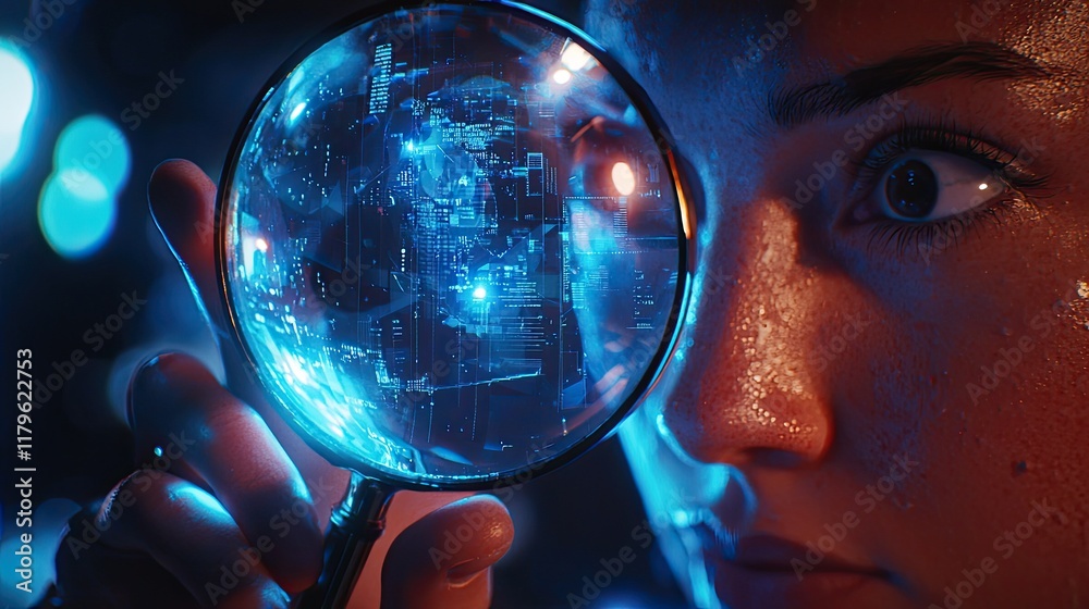 Aufkleber a business professional examines team performance through a magnifying glass in a digital environmen