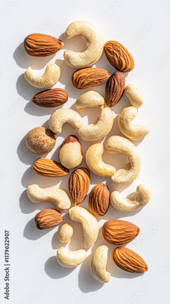 Poster Arranging cashew nuts and almonds on a white background creates a visually appealing pattern showcasing their natural textures and colors, ideal for healthy snacks