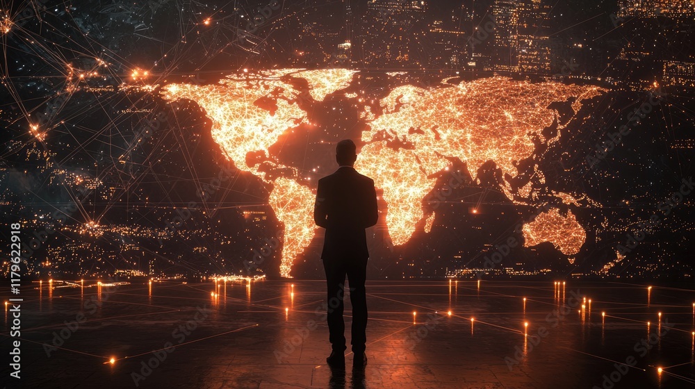 Poster a businessman stands before a glowing world map, engaging with a digital network. this image symboli