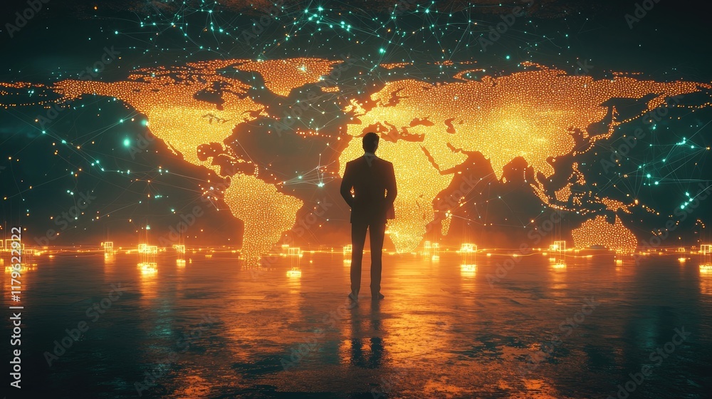 Poster a businessman stands before a glowing world map, engaging with a digital network. this image symboli