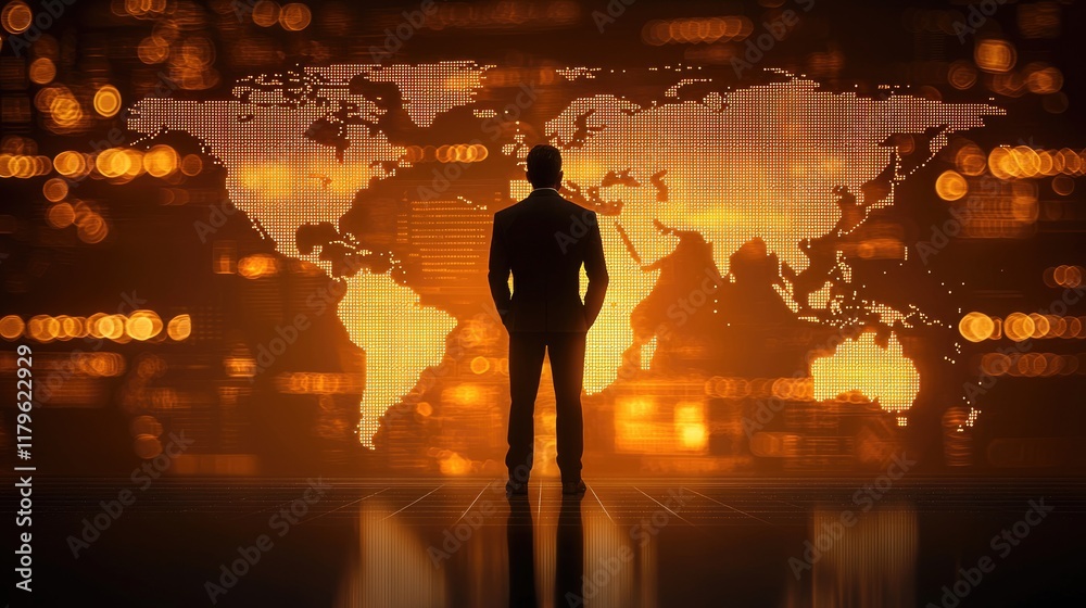 Poster a businessman stands before a glowing world map, engaging with a digital network. this image symboli