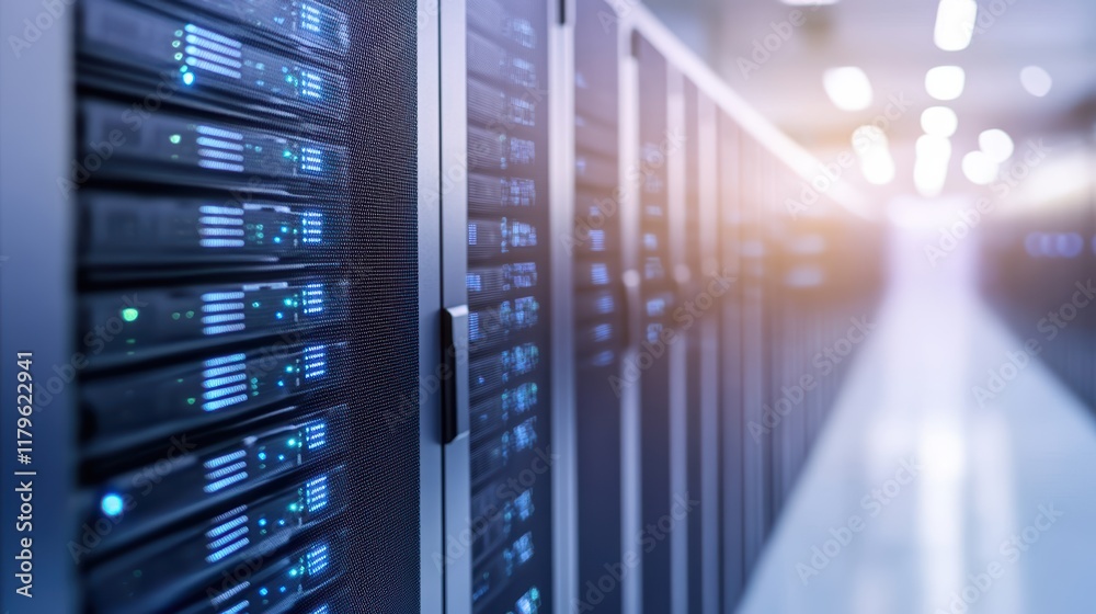 Poster modern server room featuring rows of high-tech servers with ambient lighting creating a futuristic a