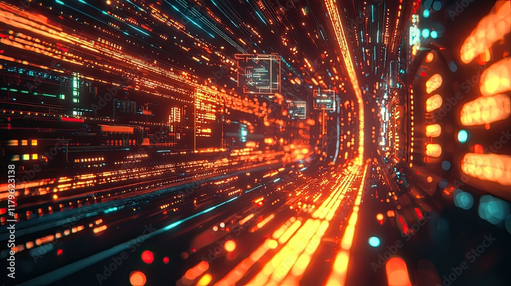 Poster A vibrant and futuristic digital background featuring glowing icons and lines that represent technology, data management, and security, perfect for illustrating modern co