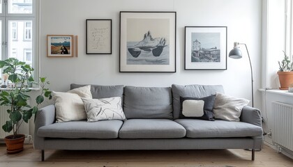 Scandinavian Living Room Interior Design Cozy Sofa Grey Decor Artwork