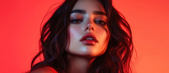Obraz premium Stunning closeup portrait of a young woman with shiny wavy hair against a vibrant red background showcasing radiant skin and expressive features with ample space for text.
