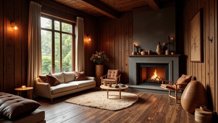 Cozy living space: Dark gray fireplace dominates the room, flanked by a sleek black screen and simple gray mantle, set against a plush white rug