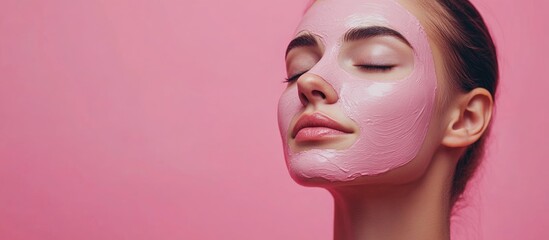 Portrait of a serene beauty model with glowing skin featuring a soft pink mask against a vibrant pink background perfect for cosmetic advertising and wellness themes