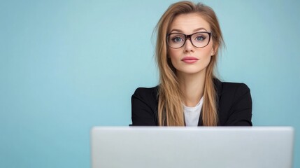 Businesswoman in Black Blazer Analyzing Graphs on Laptop with Light Blue Background and Ample Copyspace for Text in Professional Environment