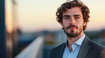 Professional portrait of a businessman with stubble and curly brown hair standing on a rooftop terrace at sunset with soft evening light and ample copyspace for text