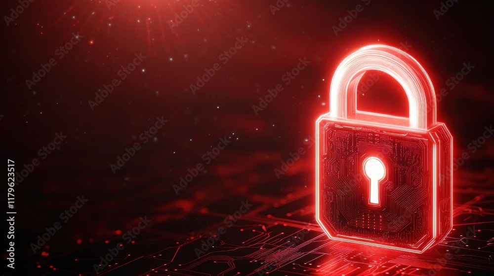 Poster intricate lock embedded in circuitry illuminated by glowing red light symbolizing security and techn