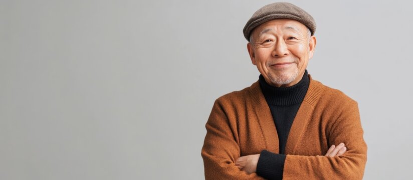 Cheerful senior Chinese man in a brown cardigan and gray cap smiling confidently against a soft gray background with ample copy space for text.