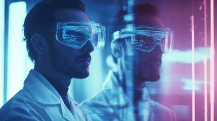 Futuristic scientist in a white lab coat using augmented reality glasses in a high-tech laboratory illuminated with blue and pink hues, analyzing DNA research holograms.