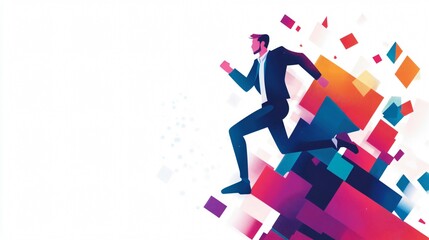 Businessman Runs Through Abstract Geometric Shapes: A Symbol of Business Growth and Success