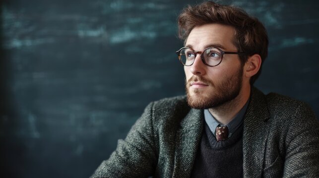 Focused male professional in a gray suit with glasses, attentively listening during a conference lecture, against a dark chalkboard backdrop, with ample empty copyspace for text.