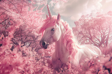Fantastically beautiful mythological pink unicorn with big long horn, abstract vivid composition consists of fictional unreal fantastic vision on background