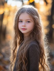 Obraz premium Portrait of young girl with long hair outdoors in vibrant autumn forest with golden leaves and soft sunlight creating idyllic backdrop for copyspace