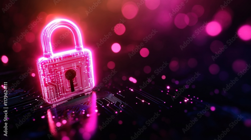 Poster intricate security lock embedded in circuitry with illuminating pink light creating a futuristic and