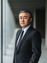 Fototapeta premium Mature Asian businessman in black suit standing confidently in modern office space with large glass windows and soft natural lighting, empty copyspace for text