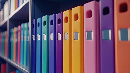 Obraz premium A vibrant collection of office folders in various colors displayed on a shelf, showcasing a modern filing system that promotes organization and efficiency in workspace en