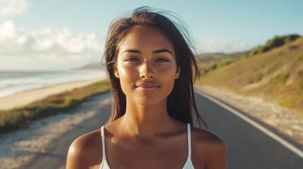 Mixed race woman in summer attire standing confidently on a coastal highway under a bright blue sky with lush greenery and ocean waves in the background