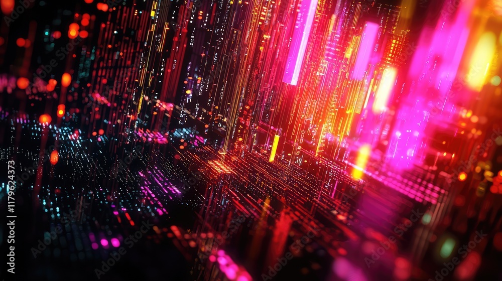 Poster A vibrant visualization of financial data featuring colorful graphs and glowing elements. This abstract image represents analysis, trends, and technology in finance and b