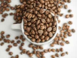 Fototapeta premium Roasted coffee beans overflowing a pristine white cup, image,detail