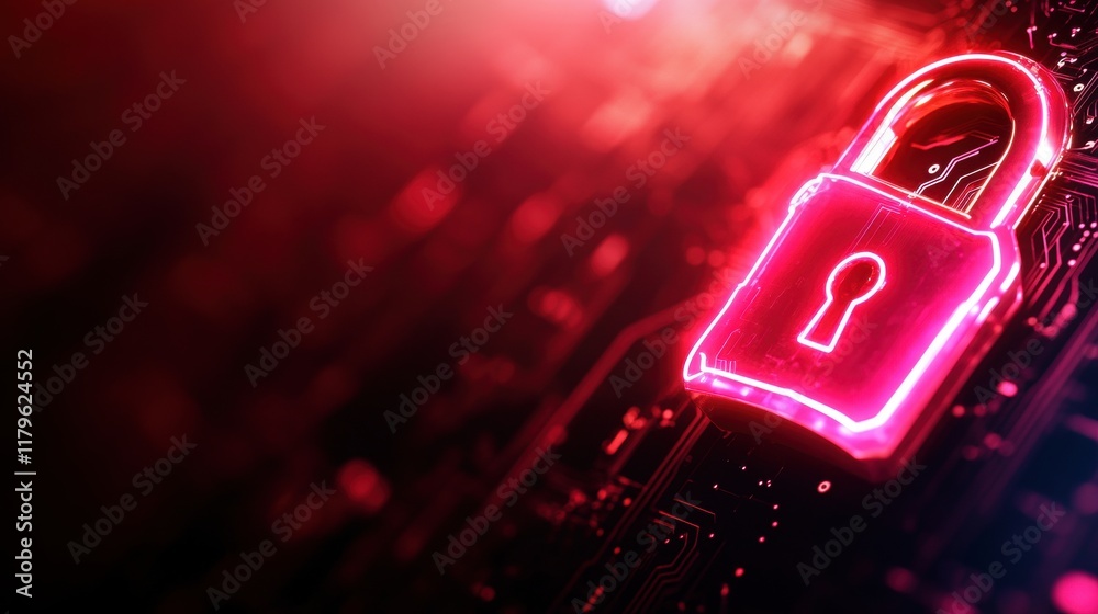 Poster a secure lock embedded in a futuristic circuit board glowing with a bright red light signifying prot