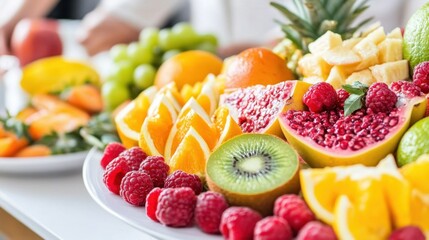 Obraz premium Colorful Assortment of Fresh Fruits on a White Table Setting