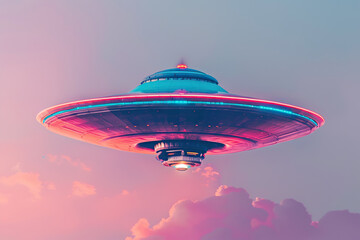 Obraz premium Iron oval UFO saucer hovering over beautiful landscape in deep dramatic sky, abstract vivid composition consists of fictional unreal fantastic vision on background