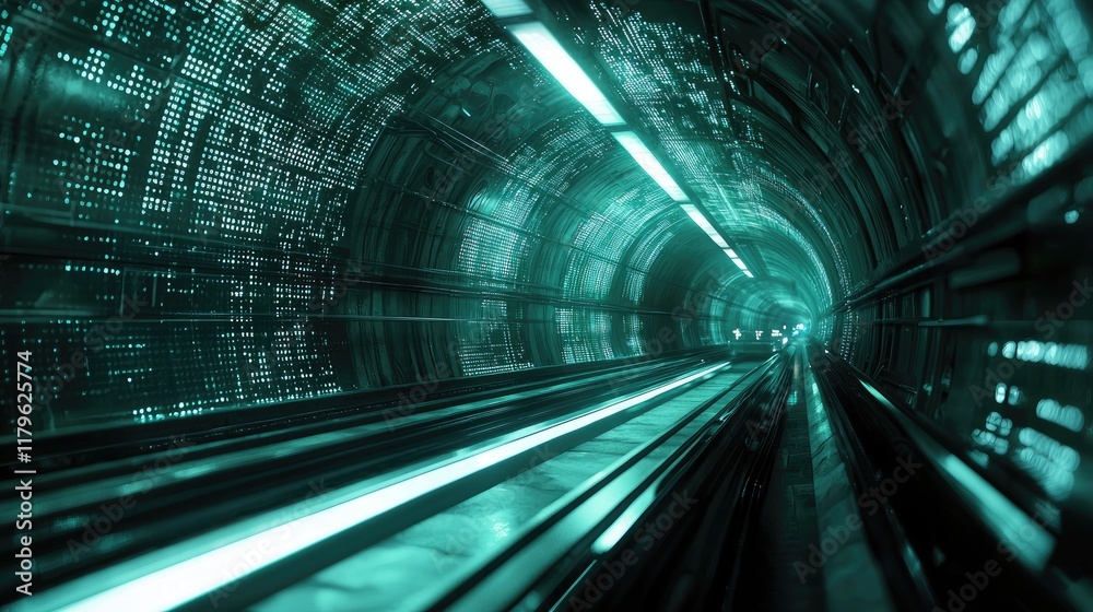 Poster Abstract Digital Tunnel with Glowing Lines and Matrix Code Representing Data Flow in a Futuristic Virtual Space